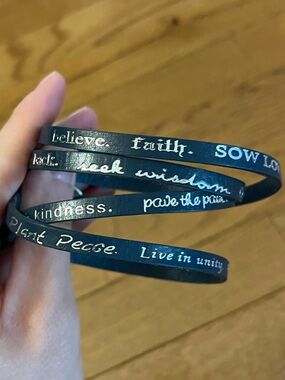 Inspirational Black Leather Wrap Bracelet with Silver Script